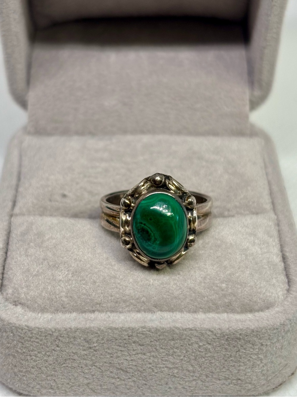 Sterling Silver Ring with Green Malachite Cabochon, size 5.75